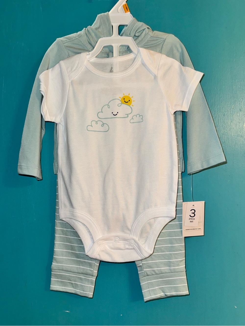White & Light Green Baby 3-Piece Bodysuit Set with Cloud and Sun